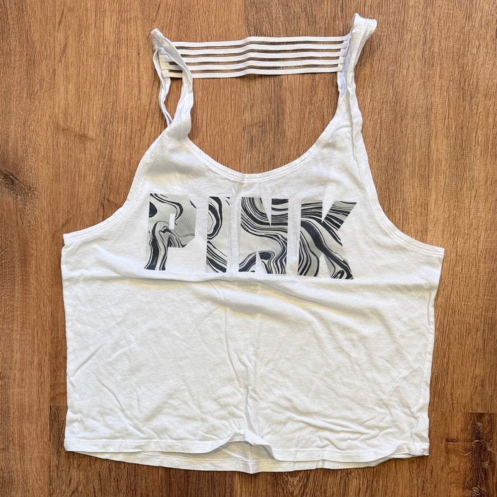 PINK Victoria's Secret White Crop Tank with Black Marbled Logo